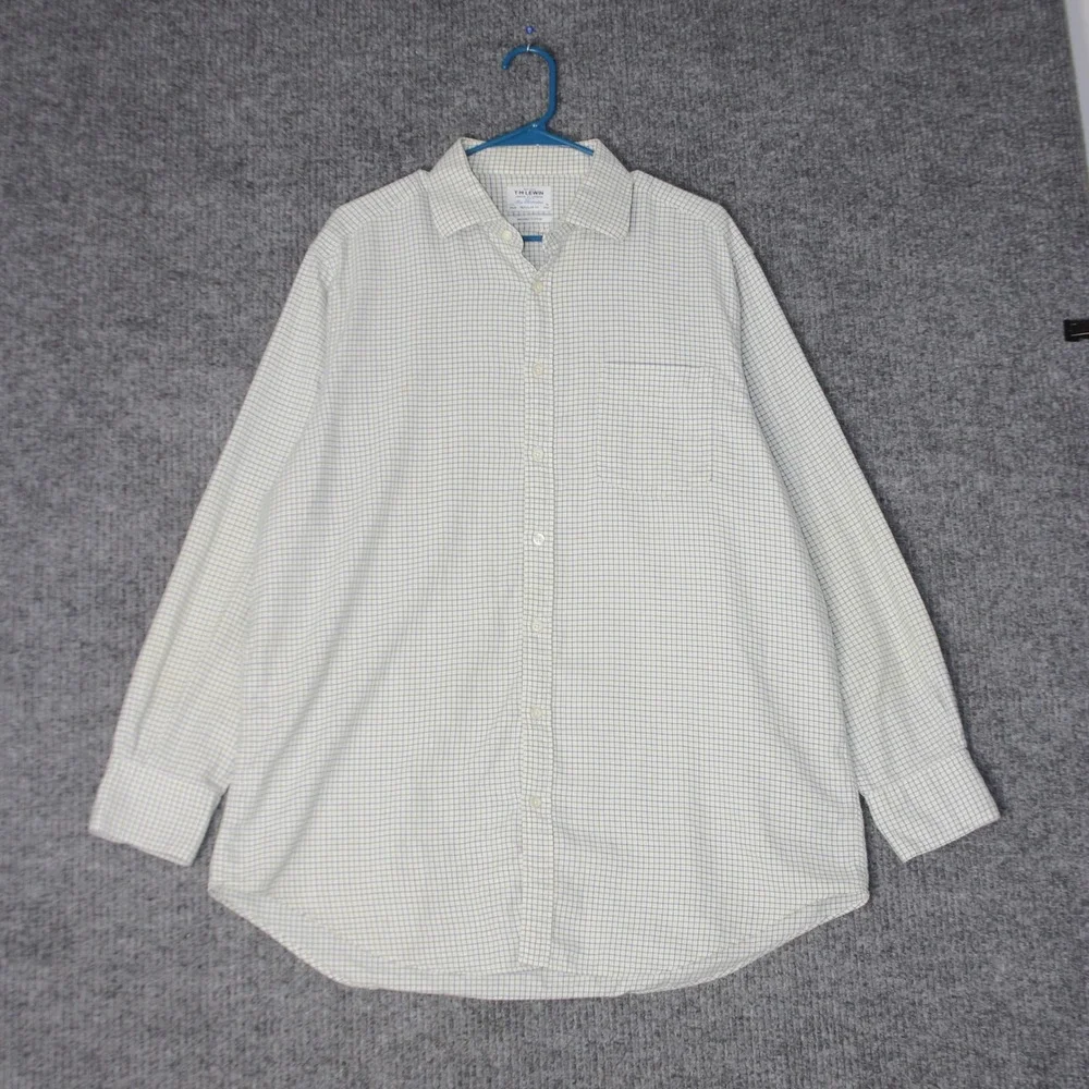 TM‎ Lewin Shirt Mens 17.5 White Blue Green Check Brushed Cotton Regular Fit
